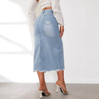 Damen Denim-Midi-Rock mit hohem Schlitz und ausgefranstem Saum R&B