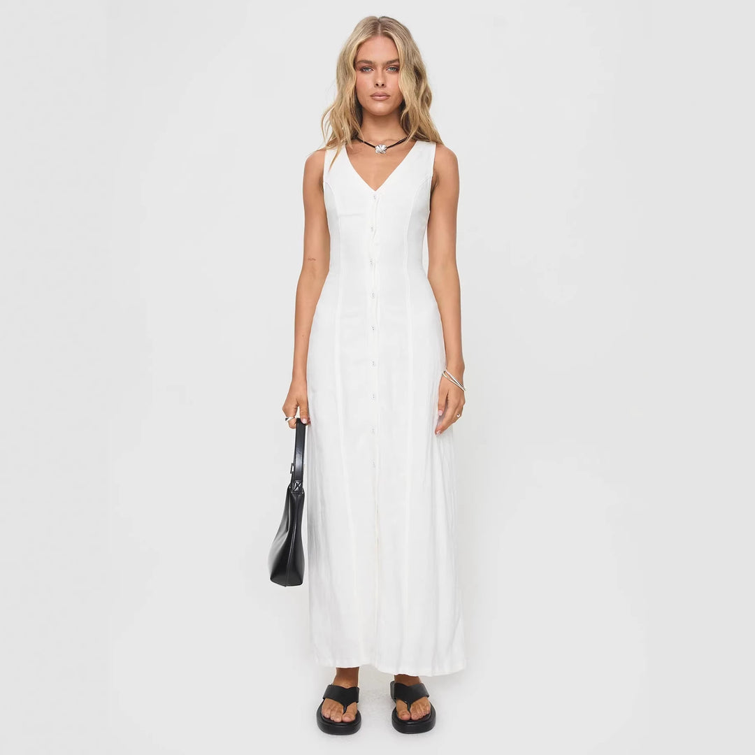 Damen Maxikleid mit knöpfbarem Ausschnitt und figurbetontem Schnitt R&B