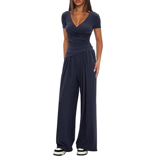 Damen Eleganter Wickel-Jumpsuit mit weitem Bein und modischen Details R&B