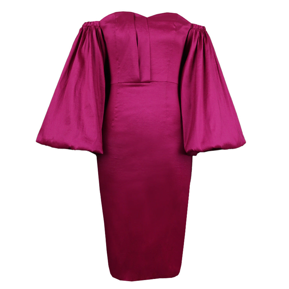 Damen elegante Off-Shoulder Kleid mit weitem Puffärmel R&B