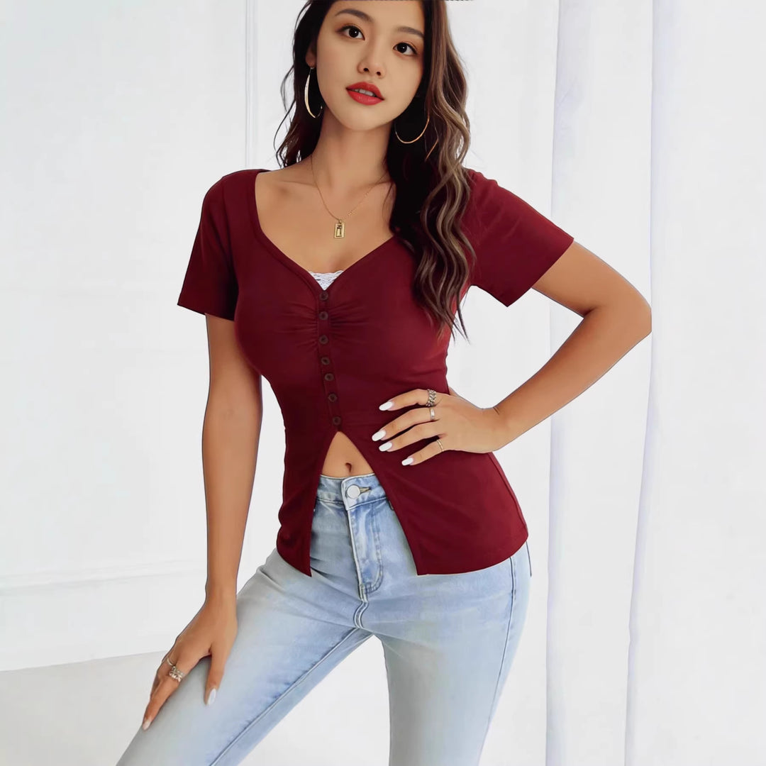 Damen figurbetontes Kurzarmshirt mit Knopfleiste R&B