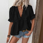 Damen elegantes Blusenshirt mit Rüschendetails und V-Ausschnitt R&B