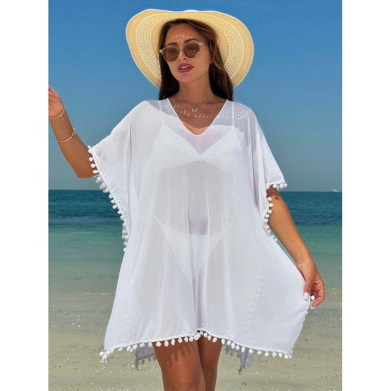 Damen Strandkleid mit dekorativem Pompon-Besatz und elegantem V-Ausschnitt R&B