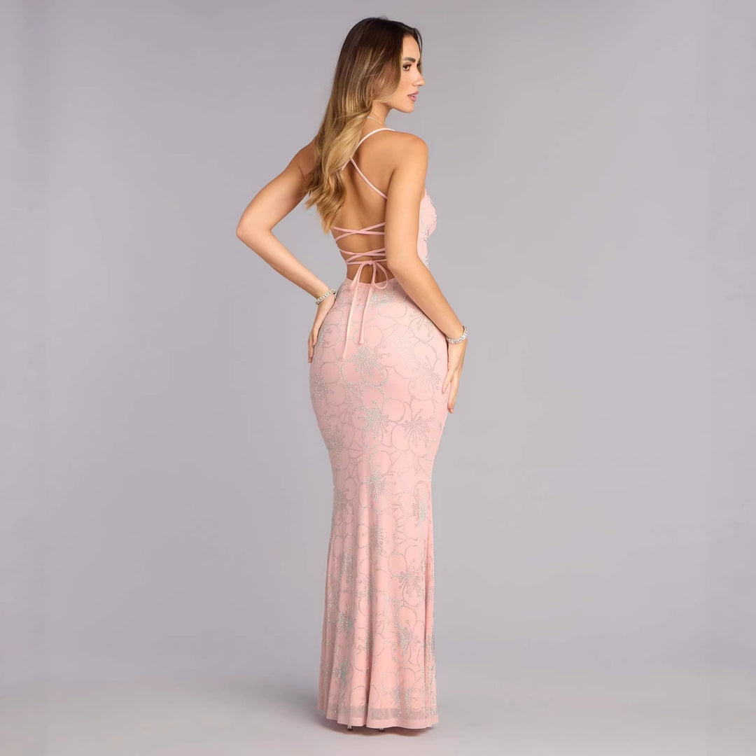 Damen Elegantes Maxikleid mit floralem Glitzermuster R&B