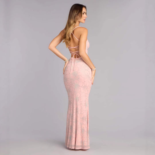 Damen Elegantes Maxikleid mit floralem Glitzermuster R&B