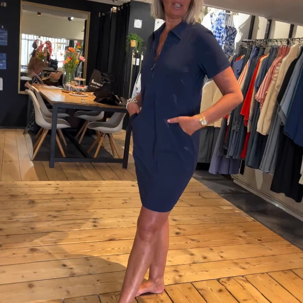 Damen nan legeres Polokleid mit Reißverschlusskragen, kurzen Ärmeln und praktischen Eingrifftaschen R&B