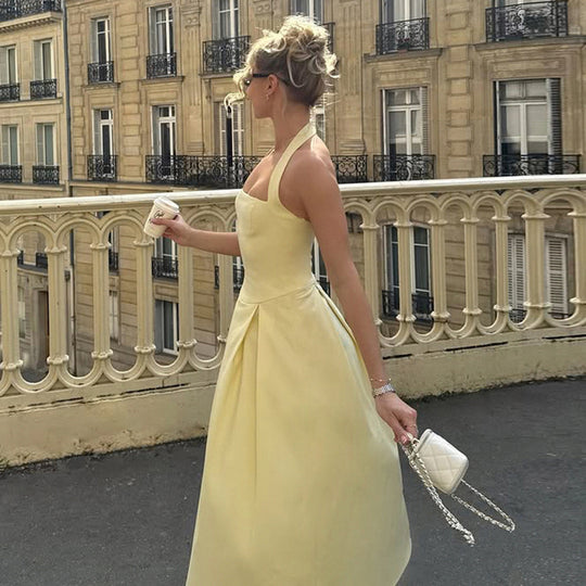 Damen elegantes A-Linien Kleid mit Spaghetti-Trägern und fließendem Saum R&B