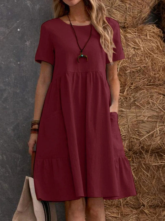 R&B | Lose Tasche einfarbig Rundhalsausschnitt Kleid
