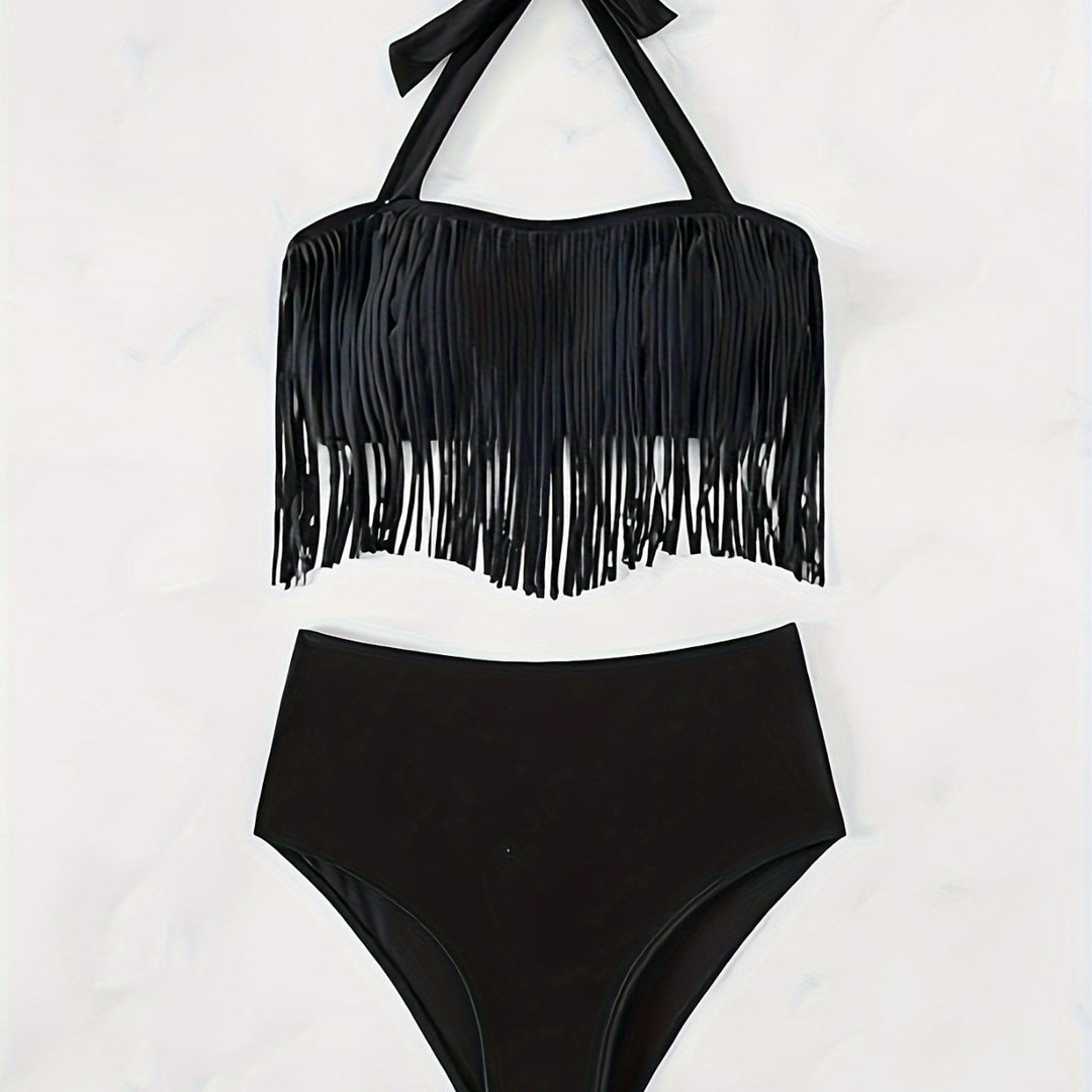Damen Bikiniset mit fransigem Oberteil und hoch taillierter Hose R&B