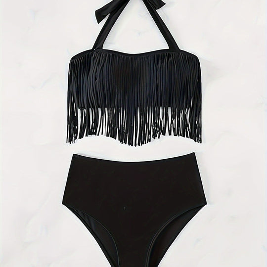Damen Bikiniset mit fransigem Oberteil und hoch taillierter Hose R&B