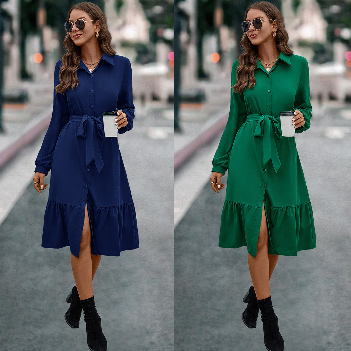 Damen Hemdblusenkleid mit tailliertem Gürtel und schickem Schößchen R&B