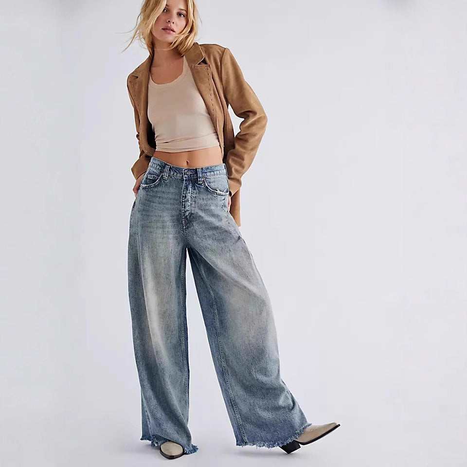 Damen Weite High-Waist Jeans mit fransigem Saum