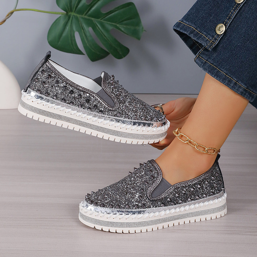 Damen Glamouröse Slip-On Sneakers mit funkelndem Glitzer und Nieten R&B