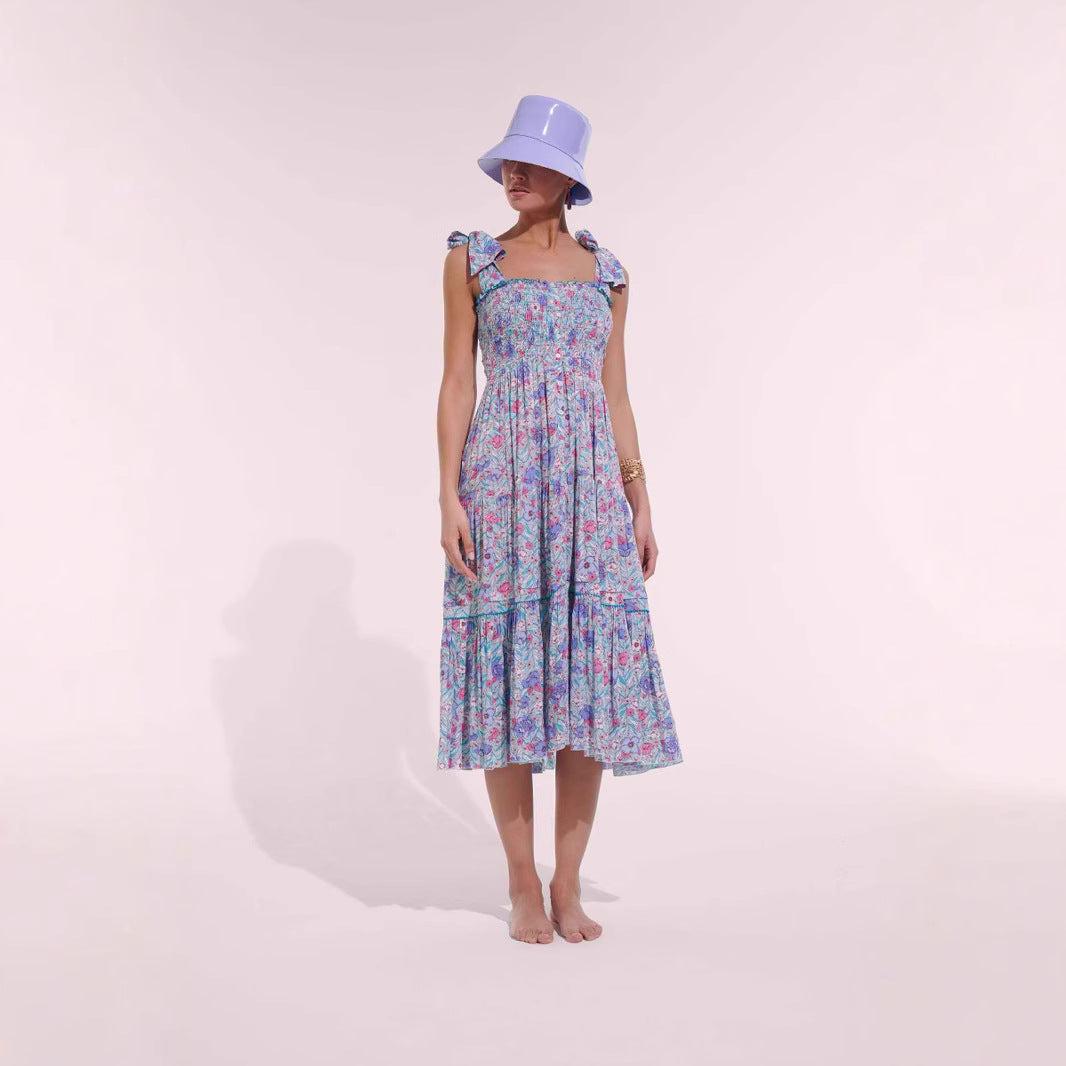 Damen Maxikleid mit floralem Rüschendesign und elastischem Oberteil R&B