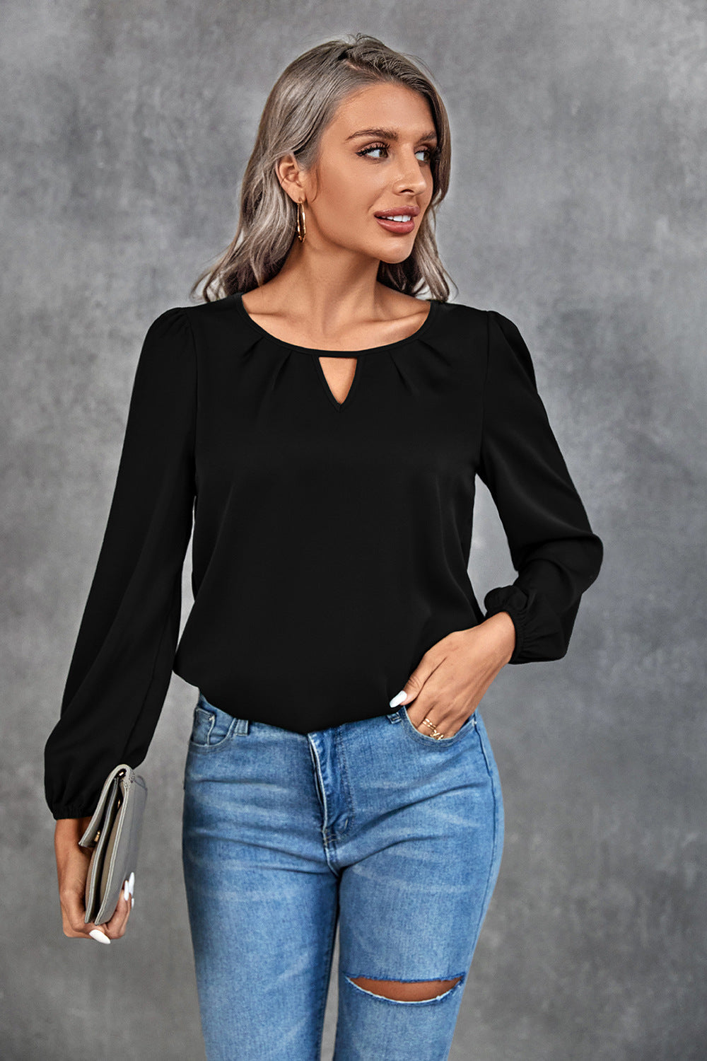 Damen Elegante Bluse mit leichtem V-Ausschnitt und Puffärmeln R&B