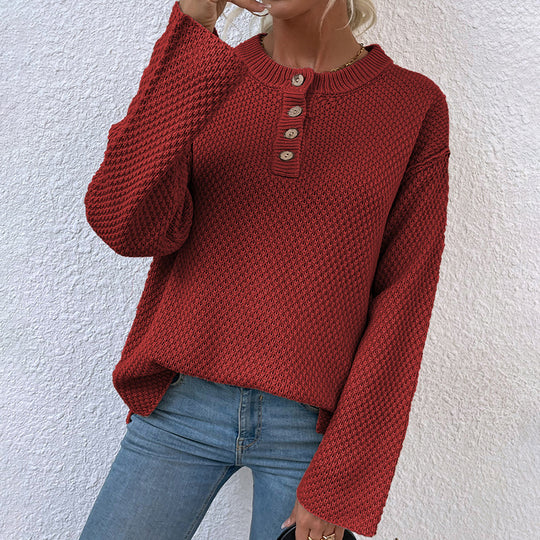 Damen gemütlicher Strickpullover mit Knopfleiste und breiten Ärmeln R&B