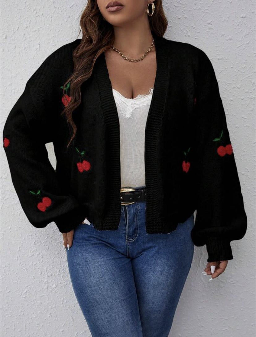 Damen Großer Cardigan mit verspieltem Kirschmotiv