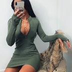 Damen Körperbetontes Strickkleid mit tiefem V-Ausschnitt und langen Ärmeln R&B