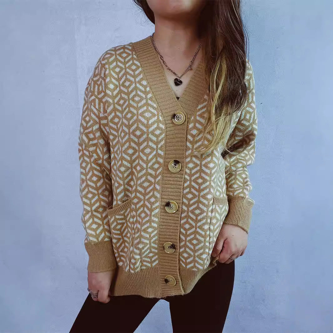 Damen Strickjacke mit geometrischem Muster und Knopfdetails R&B