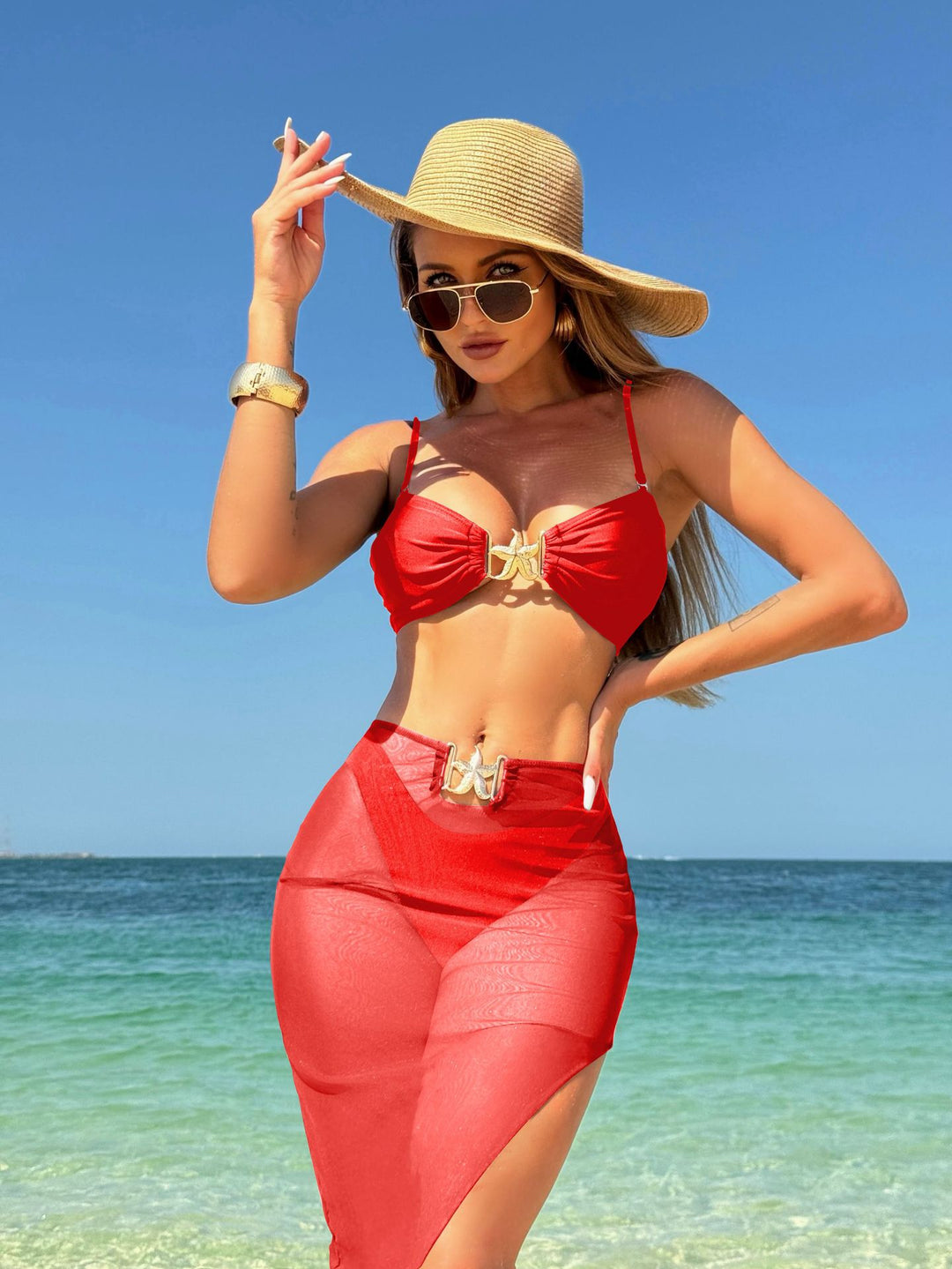 Damen Bikini mit einzigartiger Schnalle und transparentem Rock R&B