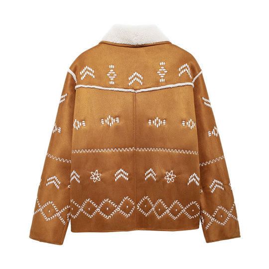 Damen modische Jacke mit gestickt und eleganter Teddykragen R&B