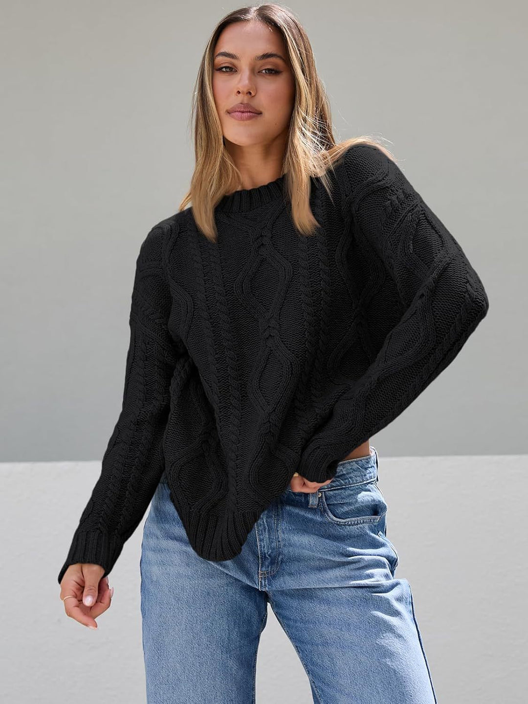 Damen Grobstrickpullover mit Wellenmuster und weitem Schnitt R&B
