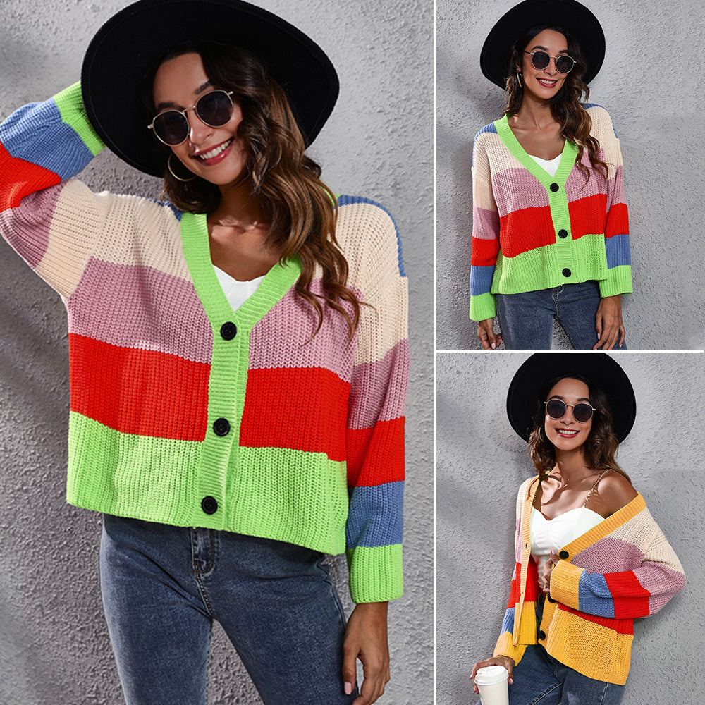 Damen Modische Strickjacke mit buntem Streifenmuster und Button-Details R&B