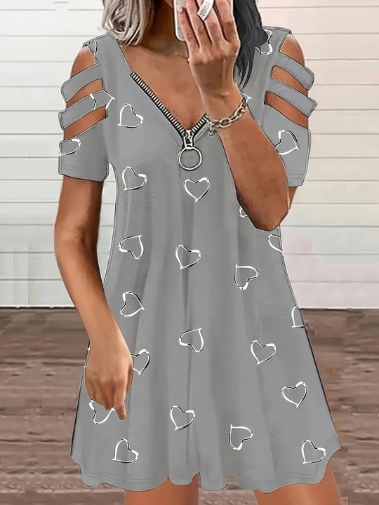Damen Freizeitkleid mit Cut-Out-Ärmeln und Herzmuster R&B