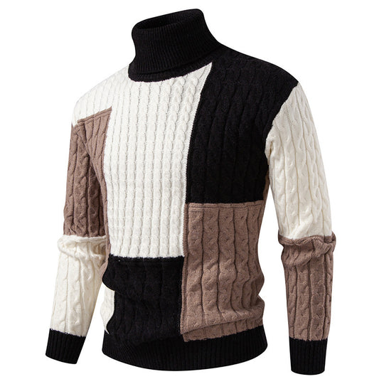 Herren hochabschließend gestrickter Pullover mit modernem Zopfmuster und attraktiven Farbblöcken R&B