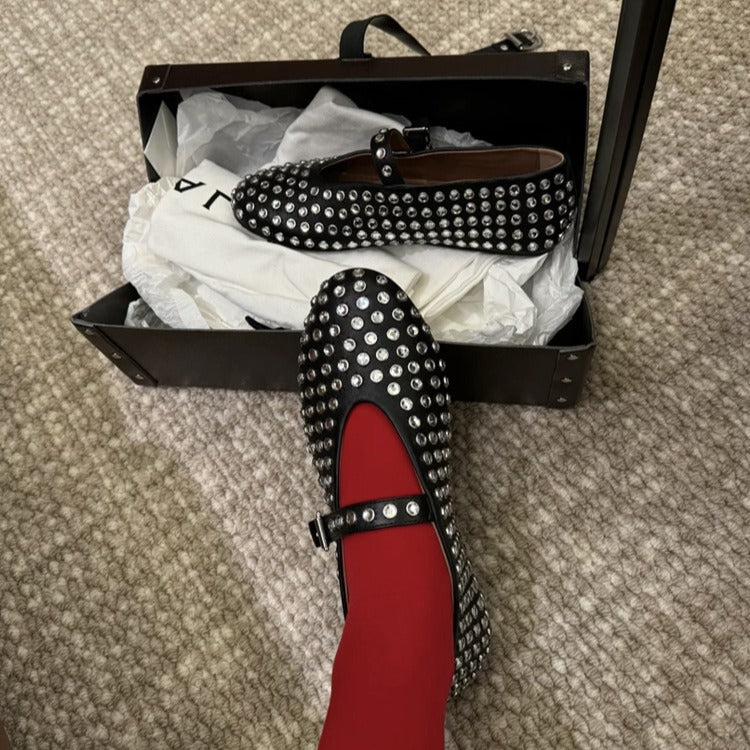 Damen Ballerinas mit elegantem Strassbesatz und Riemchen