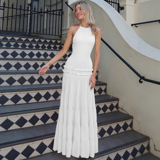 Damen Elegantes Spaghetti-Träger Maxikleid mit Rüschendetails R&B
