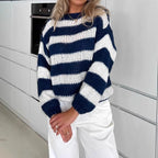 Damen Strickpullover mit breitem Streifenmuster und voluminösen Ärmeln R&B