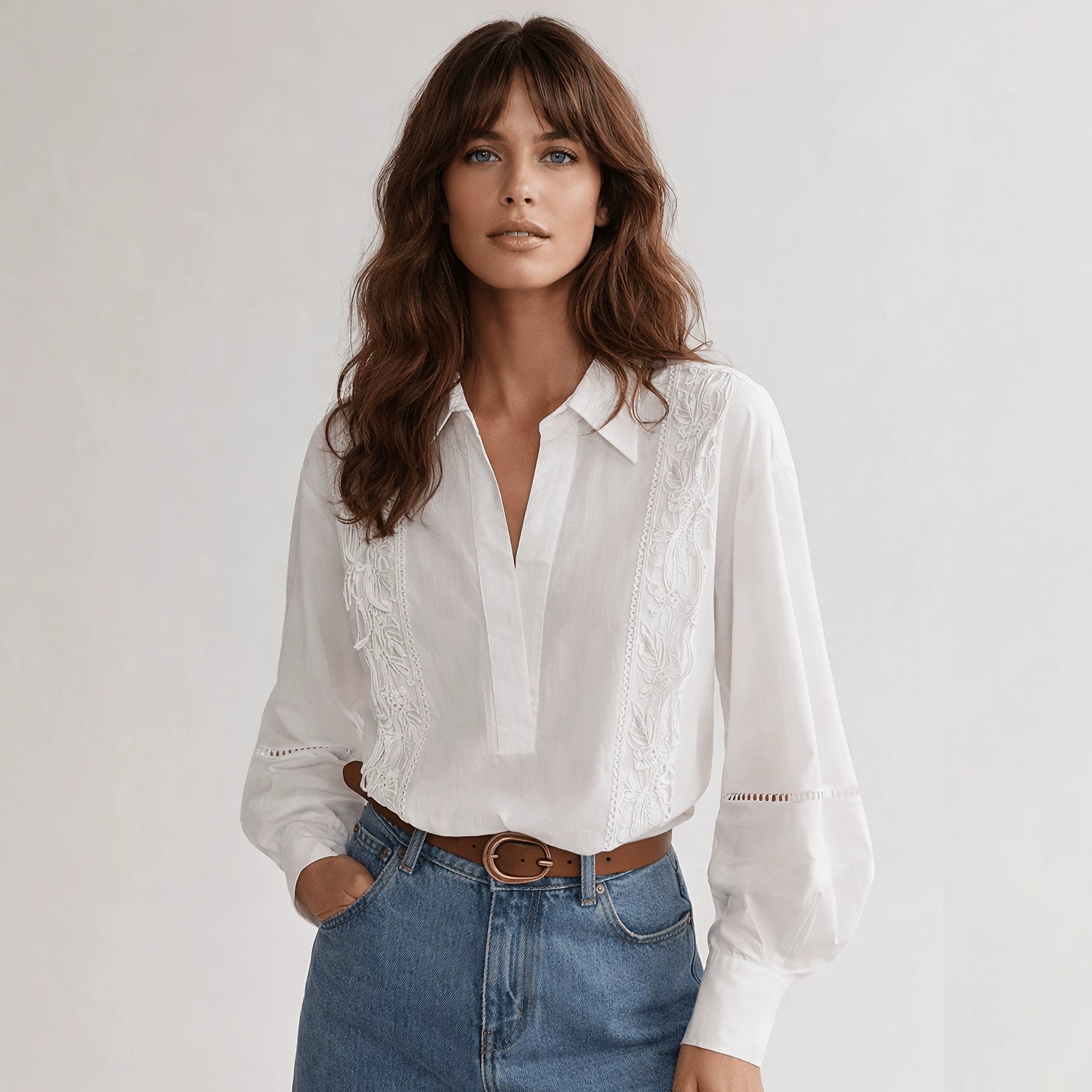 Damen Elegante Bluse mit feinen Stickdetails R&B