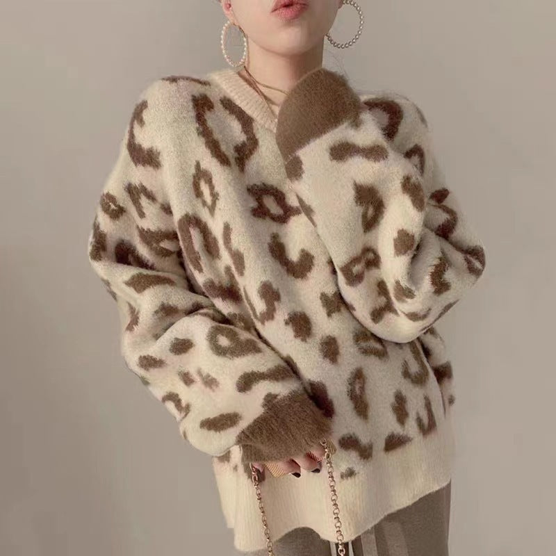 Damen Flauschiger Leopardenmuster Pullover R&B