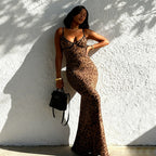 Damen Elegantes tierisches Maxikleid mit Spaghetti-Trägern und figurbetontem Schnitt R&B