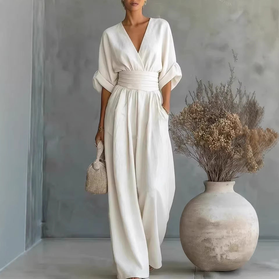 Damen Jumpsuit mit elegantem V-Ausschnitt und weitem Bein R&B