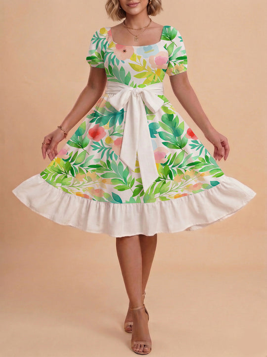 Damen Blumenkleid mit taillierbarem Gürtel und voluminösen Ärmeln R&B