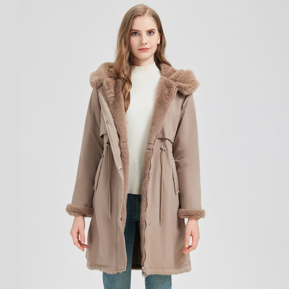 Damen Eleganter und warmer Parka mit abnehmbarem Kunstfellkragen und praktischen Schnürdetails R&B