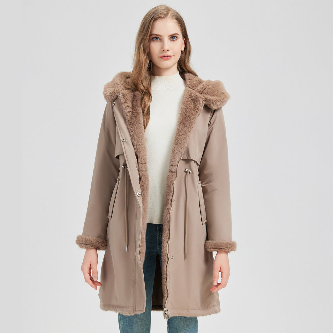 Damen Eleganter und warmer Parka mit abnehmbarem Kunstfellkragen und praktischen Schnürdetails R&B