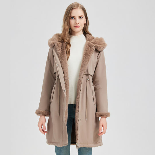 Damen Eleganter und warmer Parka mit abnehmbarem Kunstfellkragen und praktischen Schnürdetails R&B