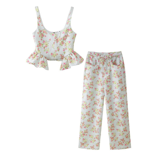Damen Blumenmuster Crop-Top und Hose Set R&B