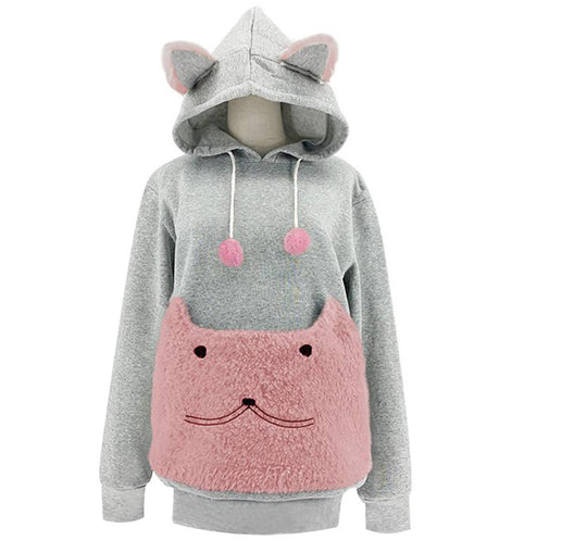 Damen Kuscheliger Kapuzenpullover mit Katzenmotiv und praktischer Känguru-Tasche R&B