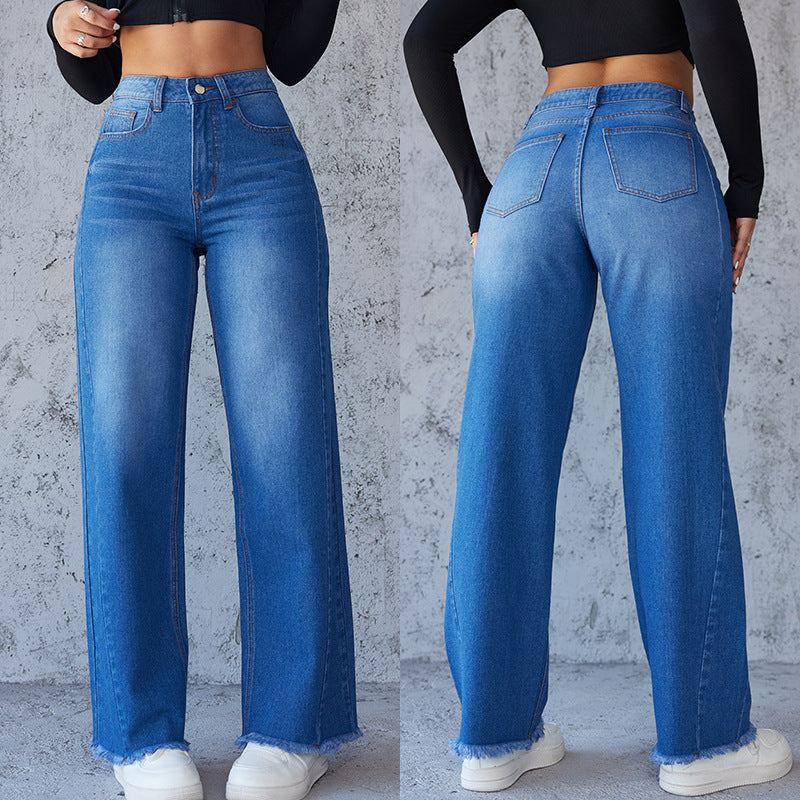 Damen Hochtaillierte Mom-Jeans mit lässigem Schnitt und fransigem Saum R&B