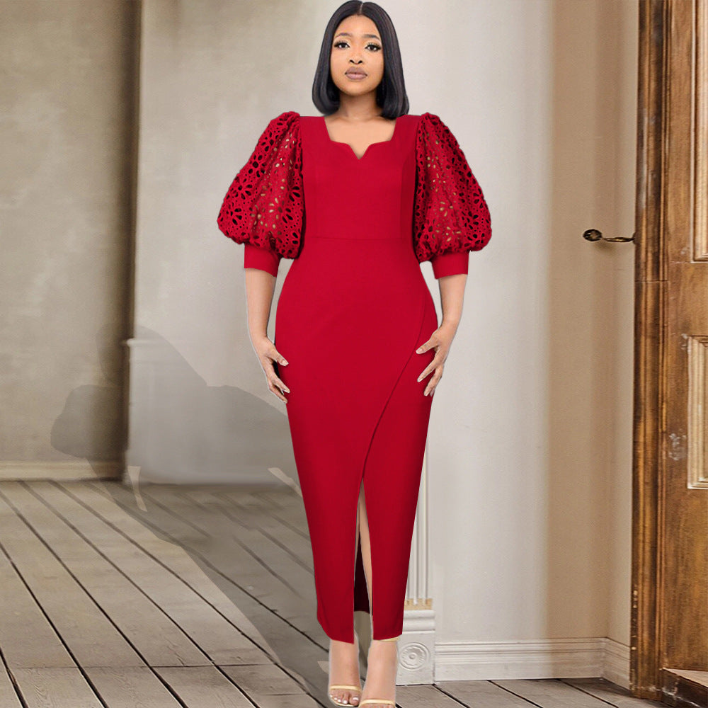 Damen elegantes Maxi-Kleid mit extravaganten Puffärmeln und schickem Schlitz R&B