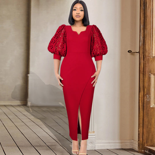 Damen elegantes Maxi-Kleid mit extravaganten Puffärmeln und schickem Schlitz R&B