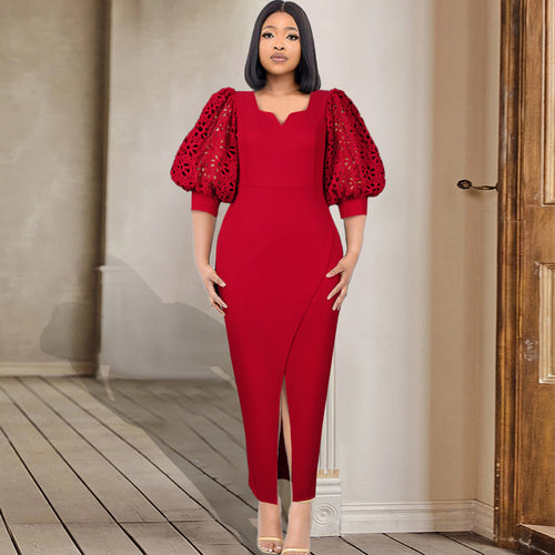 Damen elegantes Maxi-Kleid mit extravaganten Puffärmeln und schickem Schlitz R&B