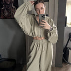 Damen nan kurzes Reißverschluss-Cropped-Hoodie und weitgeschnittene Highwaist-Loungehose Set R&B