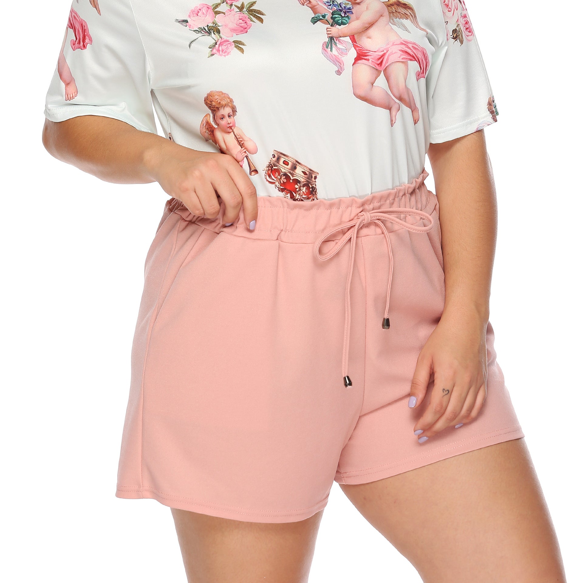 Damen lässiges Oberteil mit einzigartigem Engel-Druck und bequemen Shorts R&B