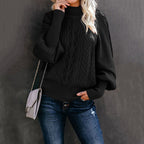 Damen Grobstrickpullover mit hochgeschlossenem Kragen und lässigen Ballonärmeln R&B