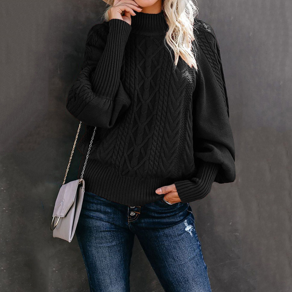 Damen Grobstrickpullover mit hochgeschlossenem Kragen und lässigen Ballonärmeln R&B